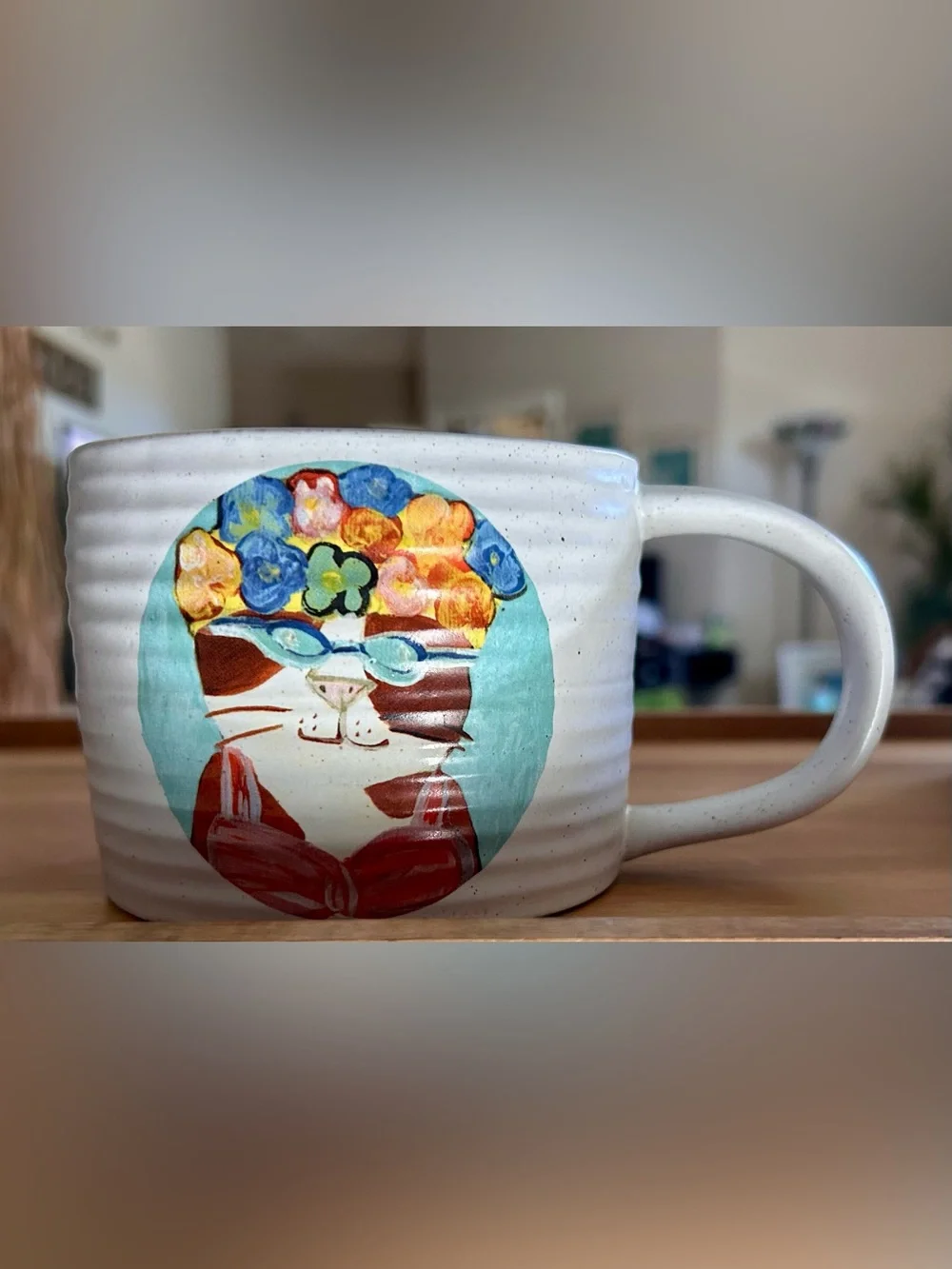 West Elm Speckled Pottery Ribbed Textured Mugs with Whimsical Cat Illustrations